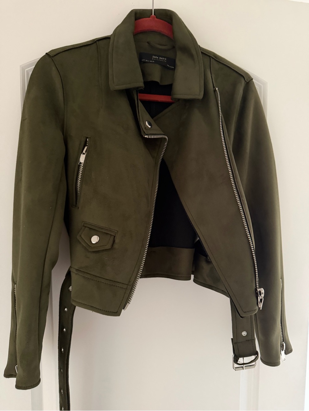 Zara Olive Suede Moto Jacket with Belt